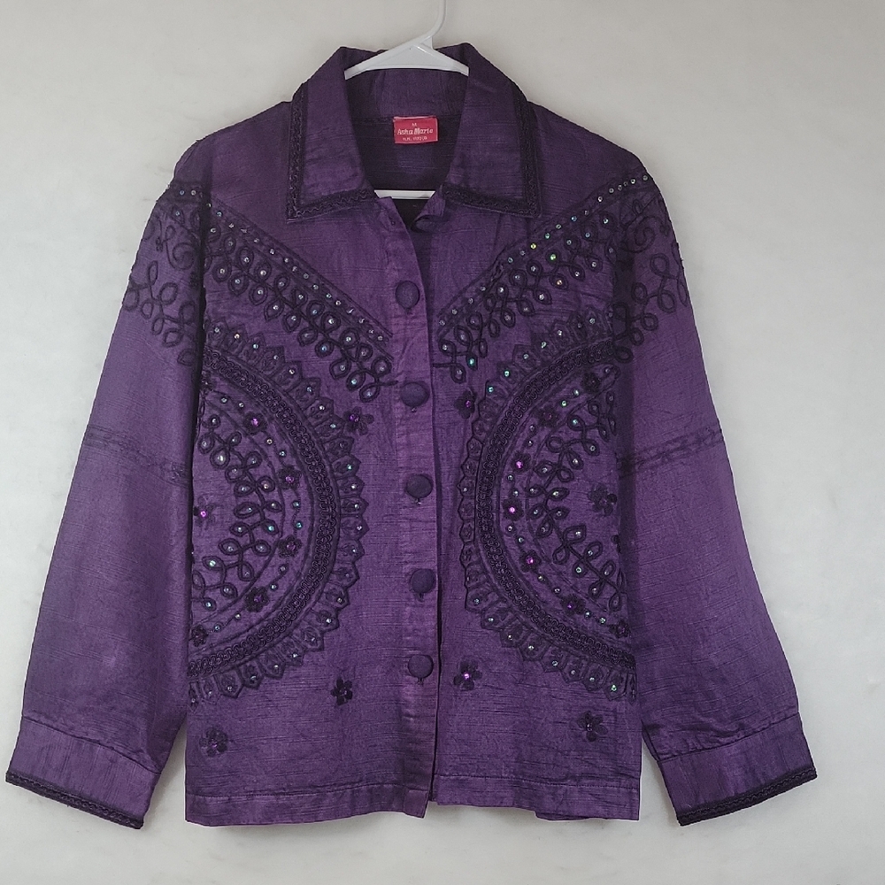 Asha Marie Purple Embellished,Embroidered,Crochet Button-Up Jacket Size M